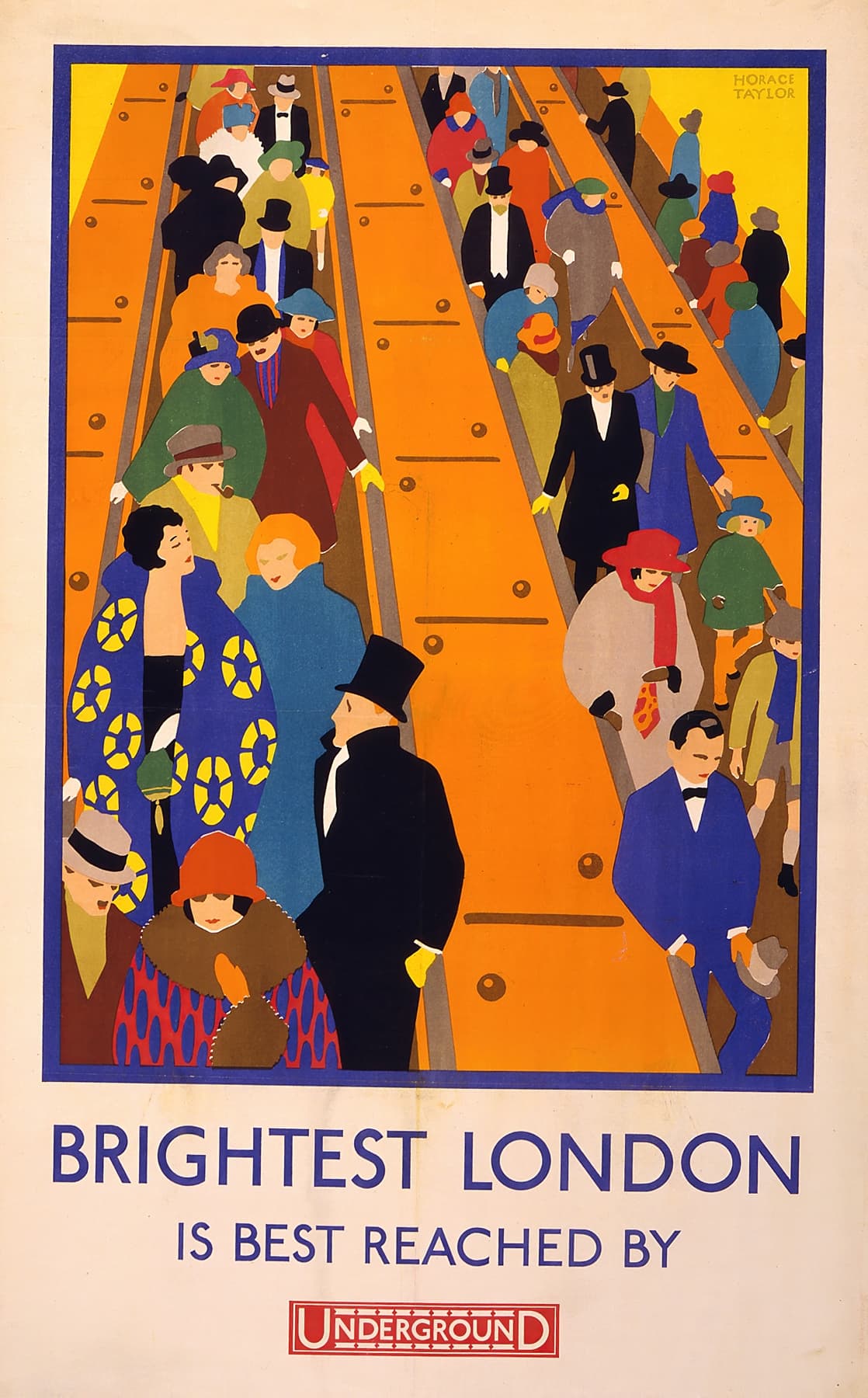 Vintage-style poster of a crowded subway with people in formal attire, featuring the text 'Brightest London is best reached by Underground'.
