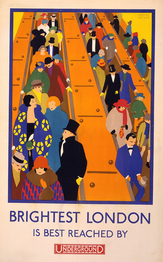Vintage-style poster of a crowded subway with people in formal attire, featuring the text 'Brightest London is best reached by Underground'.