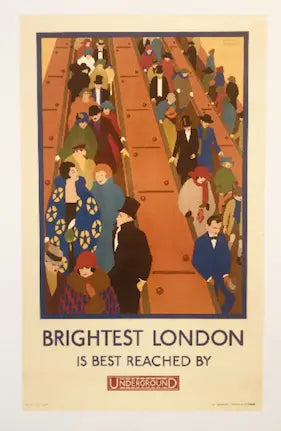 Vintage-style poster of a crowded subway with people in formal attire, featuring the text 'Brightest London is best reached by Underground'.