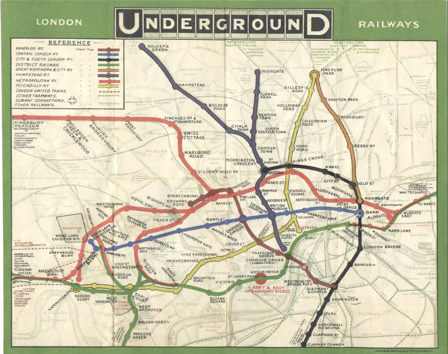 Vintage map of London Underground Railways with colored lines on a green border