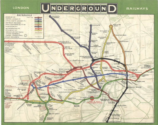 Vintage map of London Underground Railways with colored lines on a green border