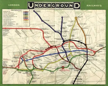 Vintage-style map of London Underground railways with colorful lines on a green border.