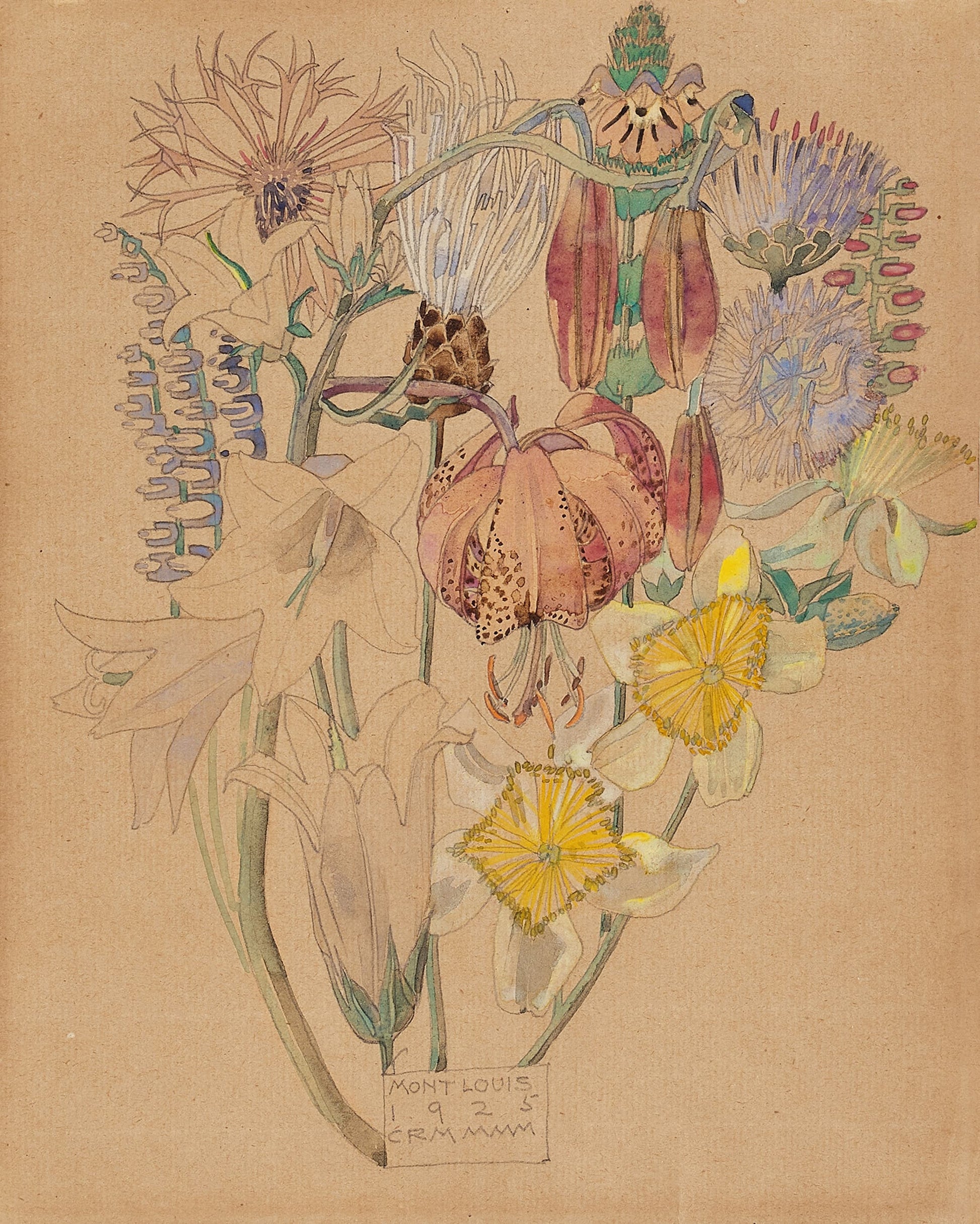 Artistic illustration of various flowers on a textured beige background