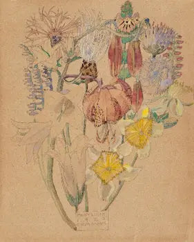 Illustration of flowers and a butterfly on a textured beige background