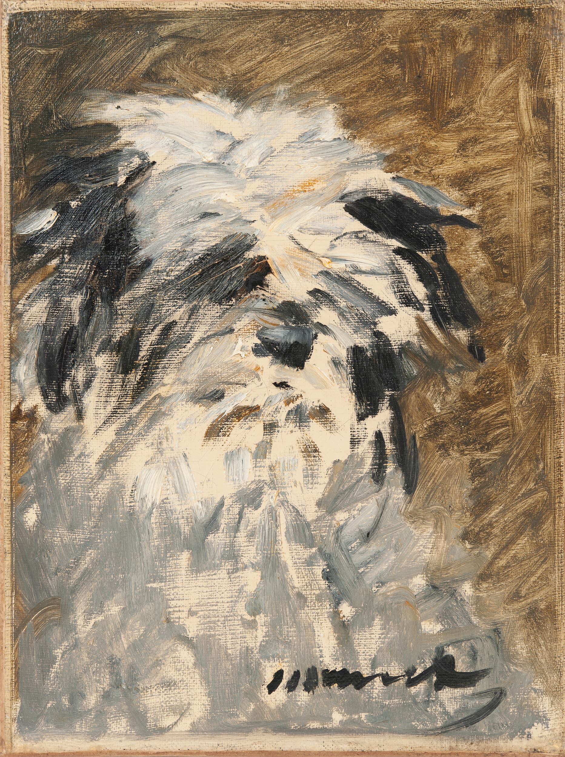 Abstract painting of a dog with expressive brushstrokes on a textured background