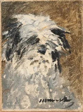 Artistic depiction of a dog's head with a signature at the bottom right corner. 