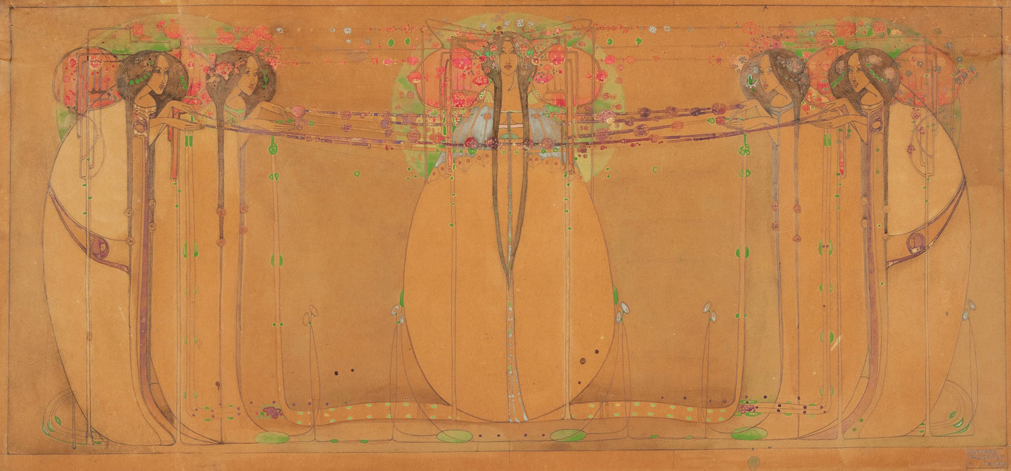 Decorative artwork with abstract figures and floral elements on a warm background