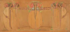 Decorative artwork with abstract figures and floral elements on a warm background