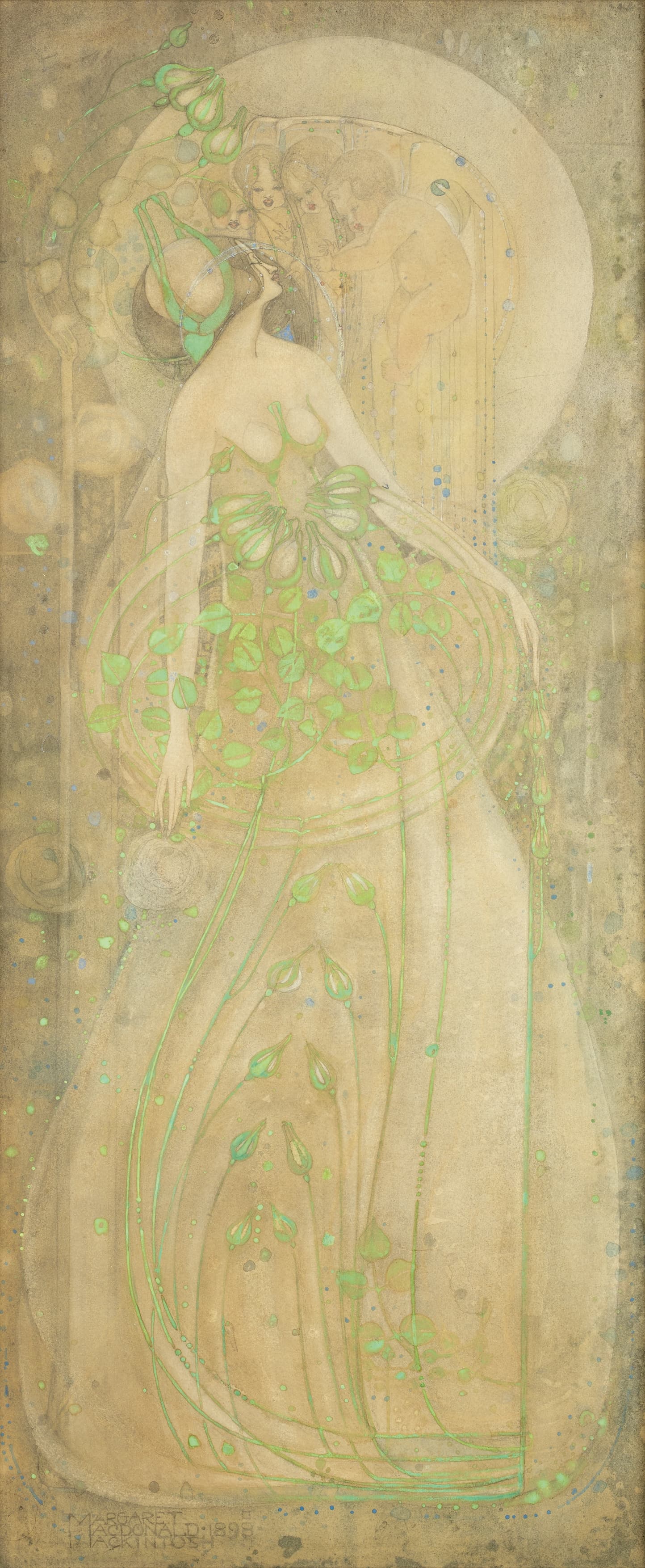 Art Nouveau-style painting of a woman with flowing hair and leaves, featuring soft pastel colors.