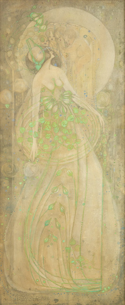 Art Nouveau-style painting of a woman with flowing hair and leaves, featuring soft pastel colors.