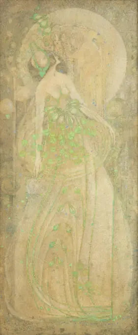 Artistic depiction of a figure with a floral or butterfly design, possibly from a painting or illustration.