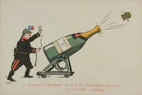 Cartoon of a soldier with a cannon firing a bottle labeled 'Bulle de Saxe' with text.