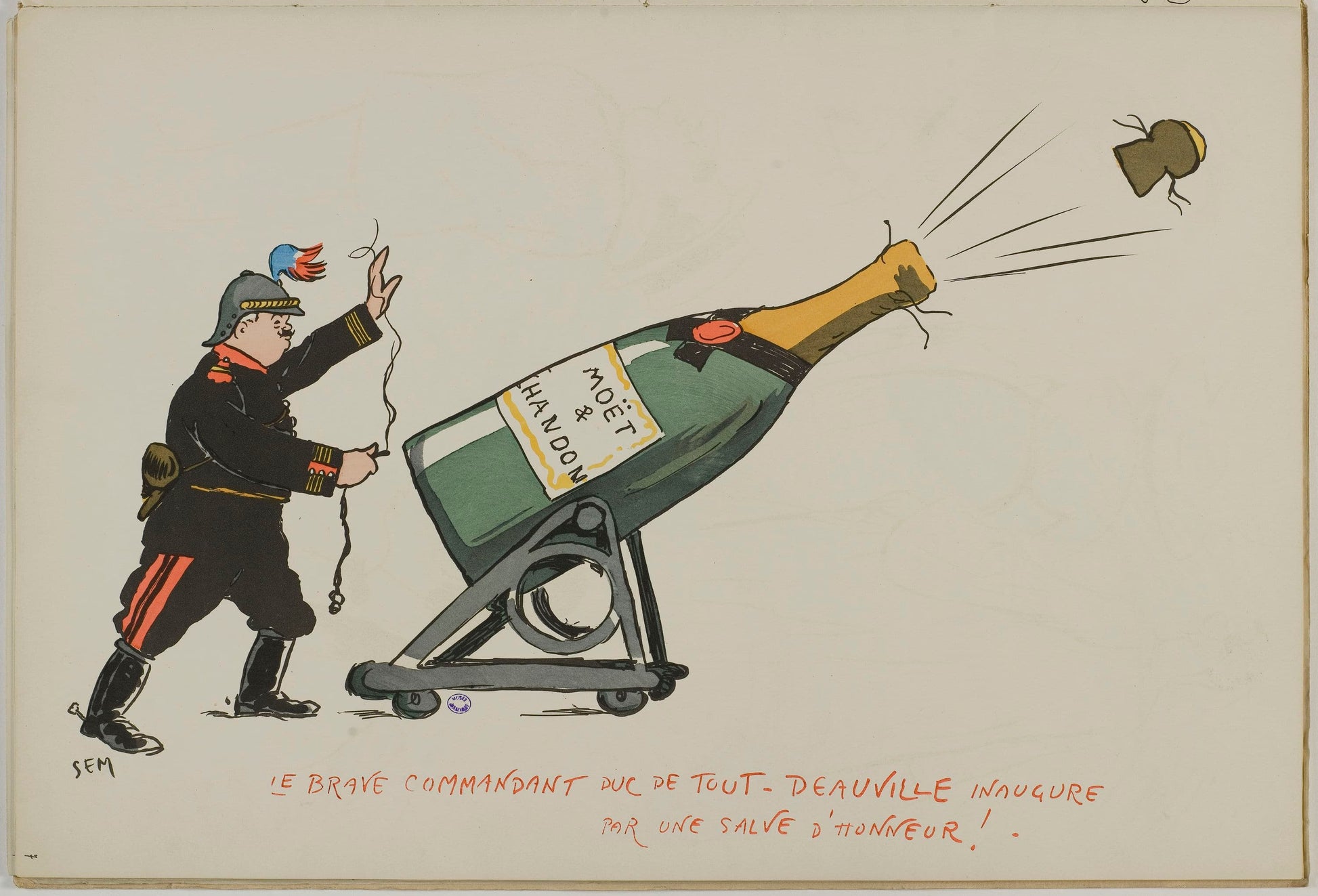 Cartoon of a soldier with a large bottle of Moet Champagne, with text on a light background
