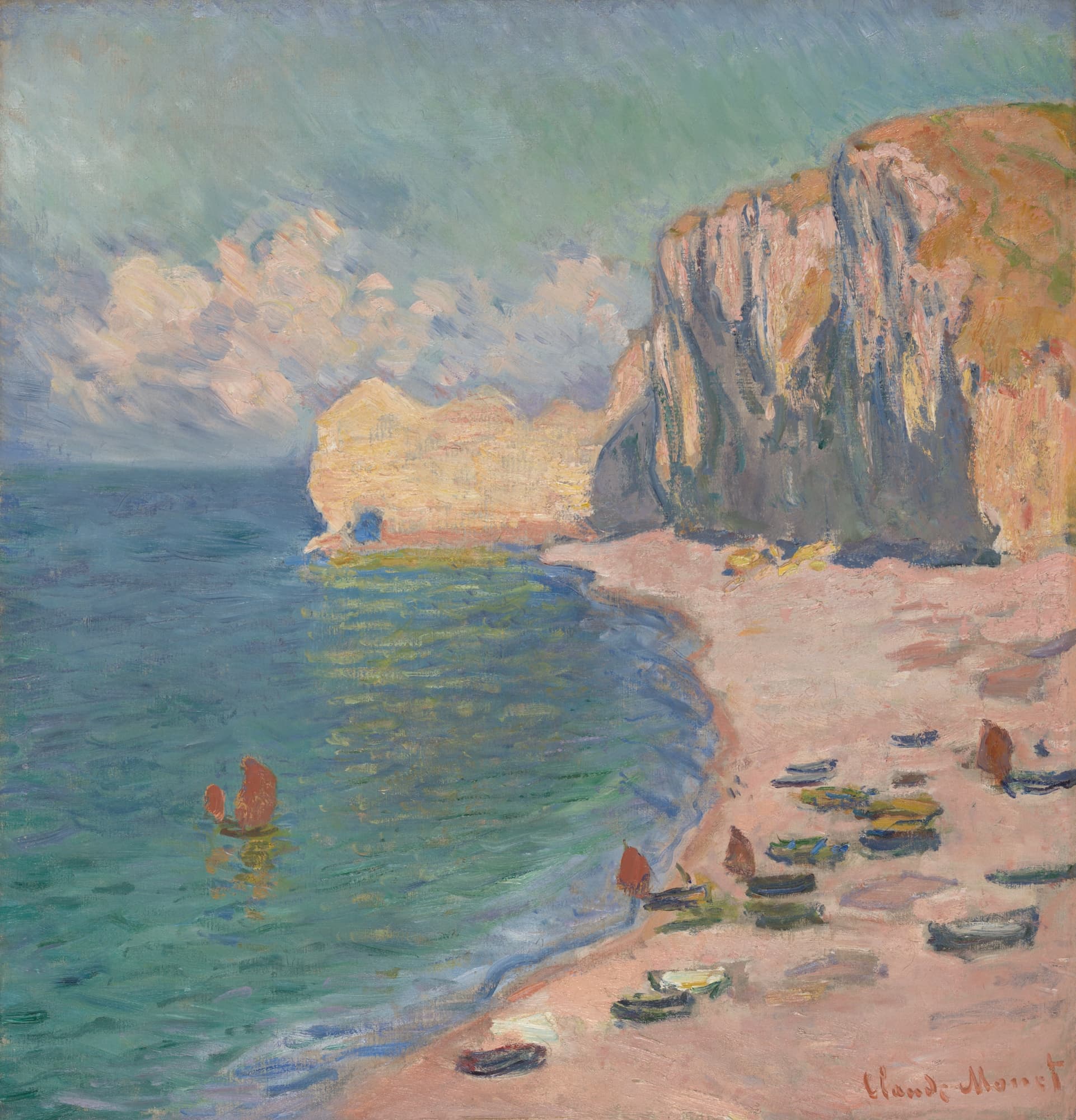 Painting of a coastal scene with cliffs, beach, and boats by Claude Monet.