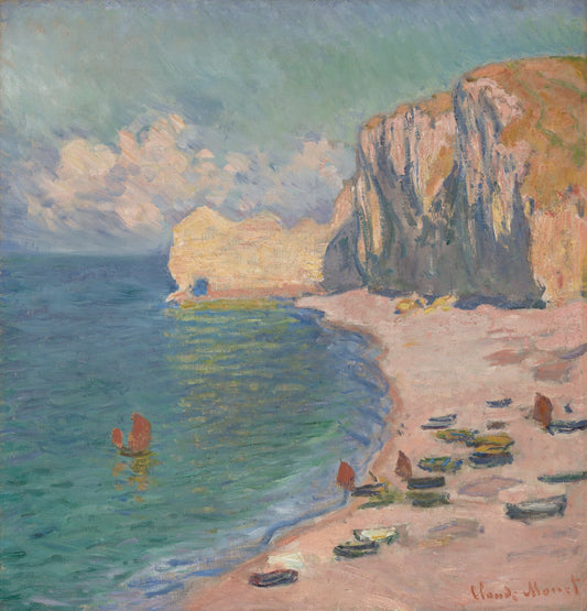 Painting of a coastal scene with cliffs, beach, and boats by Claude Monet.