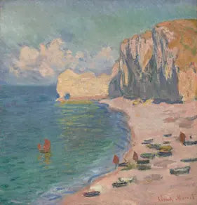 Painting of a coastal scene with cliffs, beach, and boats.