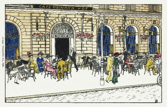 Art print: "Cafe Heinrich-Hof." Wiener Werkstätte illustration of people at an outdoor Viennese café. Early 20th-century graphic art.