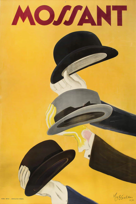 Vintage-style advertisement for Mossant featuring hats on a yellow background
