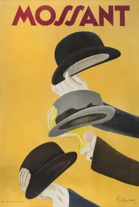 Vintage-style advertisement for Mossant featuring hands holding hats against a yellow background.