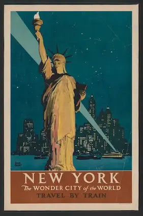 Vintage-style poster of the Statue of Liberty with New York cityscape