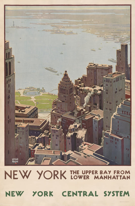 Vintage-style poster of New York City with a view of the Upper Bay from Lower Manhattan.