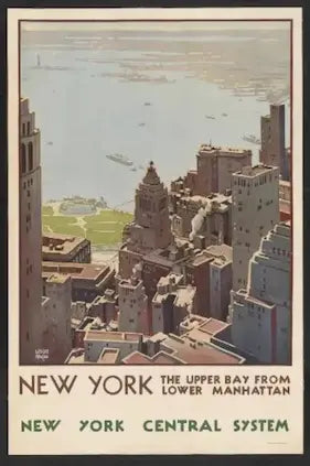 Vintage-style poster of New York City with text about the Upper Bay from Lower Manhattan.