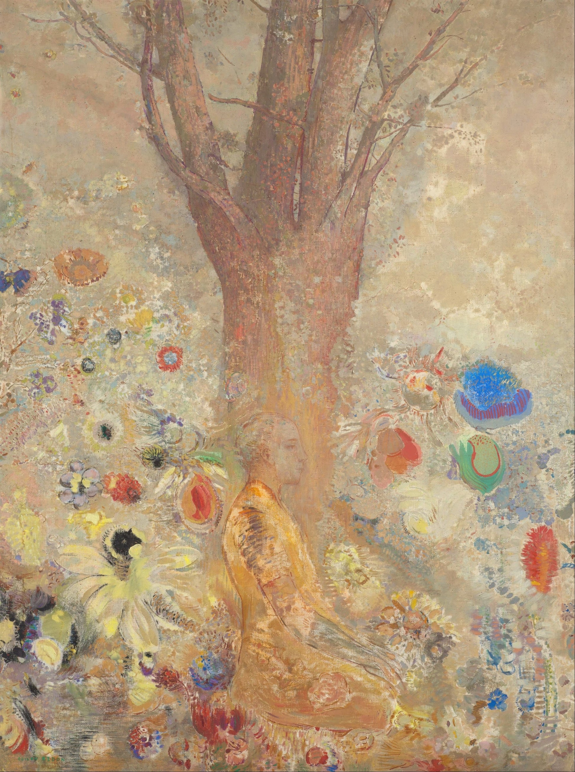 Artistic depiction of a tree with colorful flowers and butterflies on a textured background