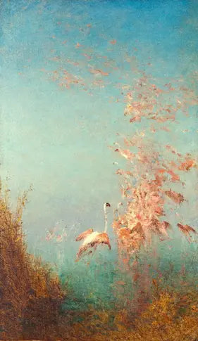 Flamingos flying up from a pond into the blue sky.