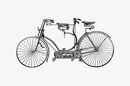 Black and white illustration of a vintage tandem bicycle