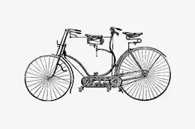 Black and white illustration of a vintage tandem bicycle