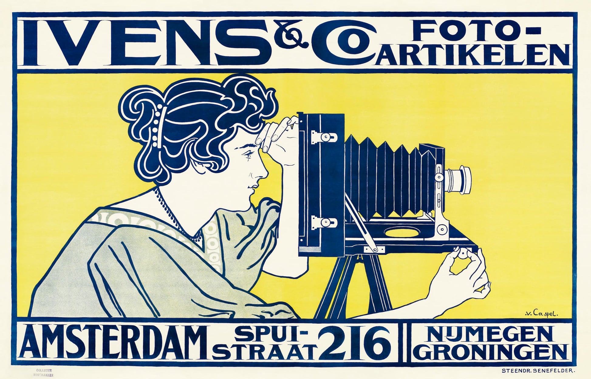 Vintage advertisement poster for Ivens & Co. photo supplies with a woman holding a camera.