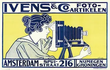 Vintage advertisement poster for Ivens & Co. photo supplies with a woman holding a camera.