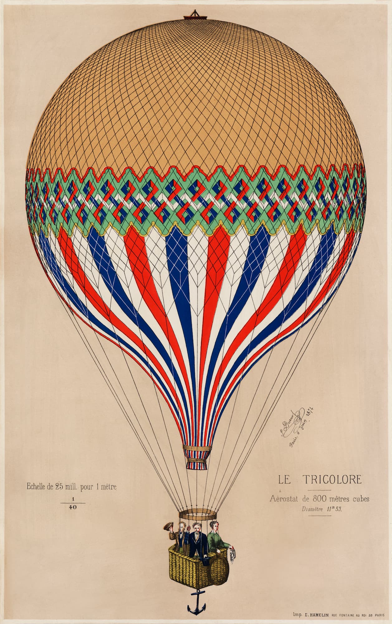 Hot air balloon with red, white, and blue stripes on a beige background