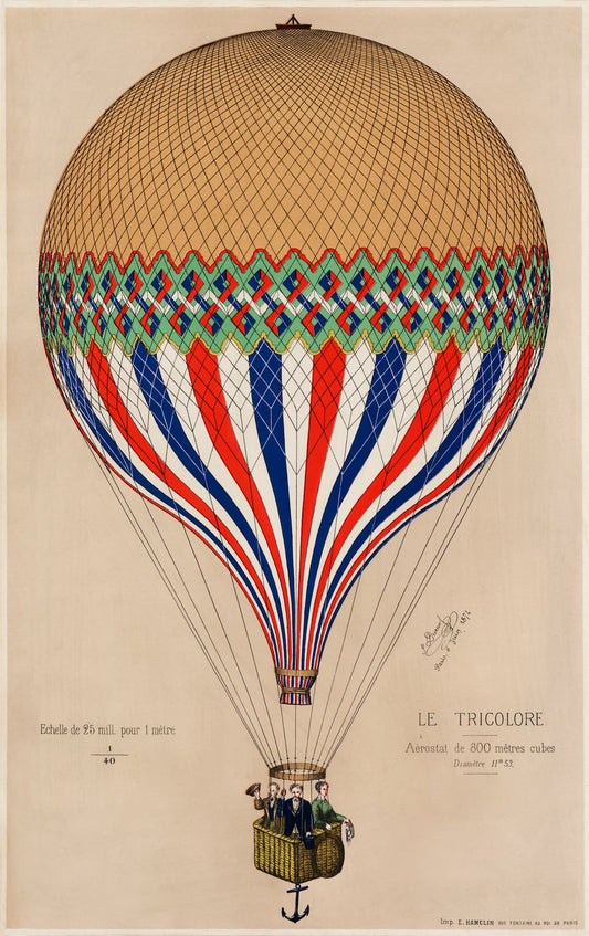 Hot air balloon with red, white, and blue stripes on a beige background
