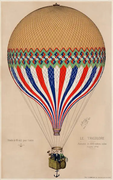 Hot air balloon with red, white, and blue stripes on a beige background