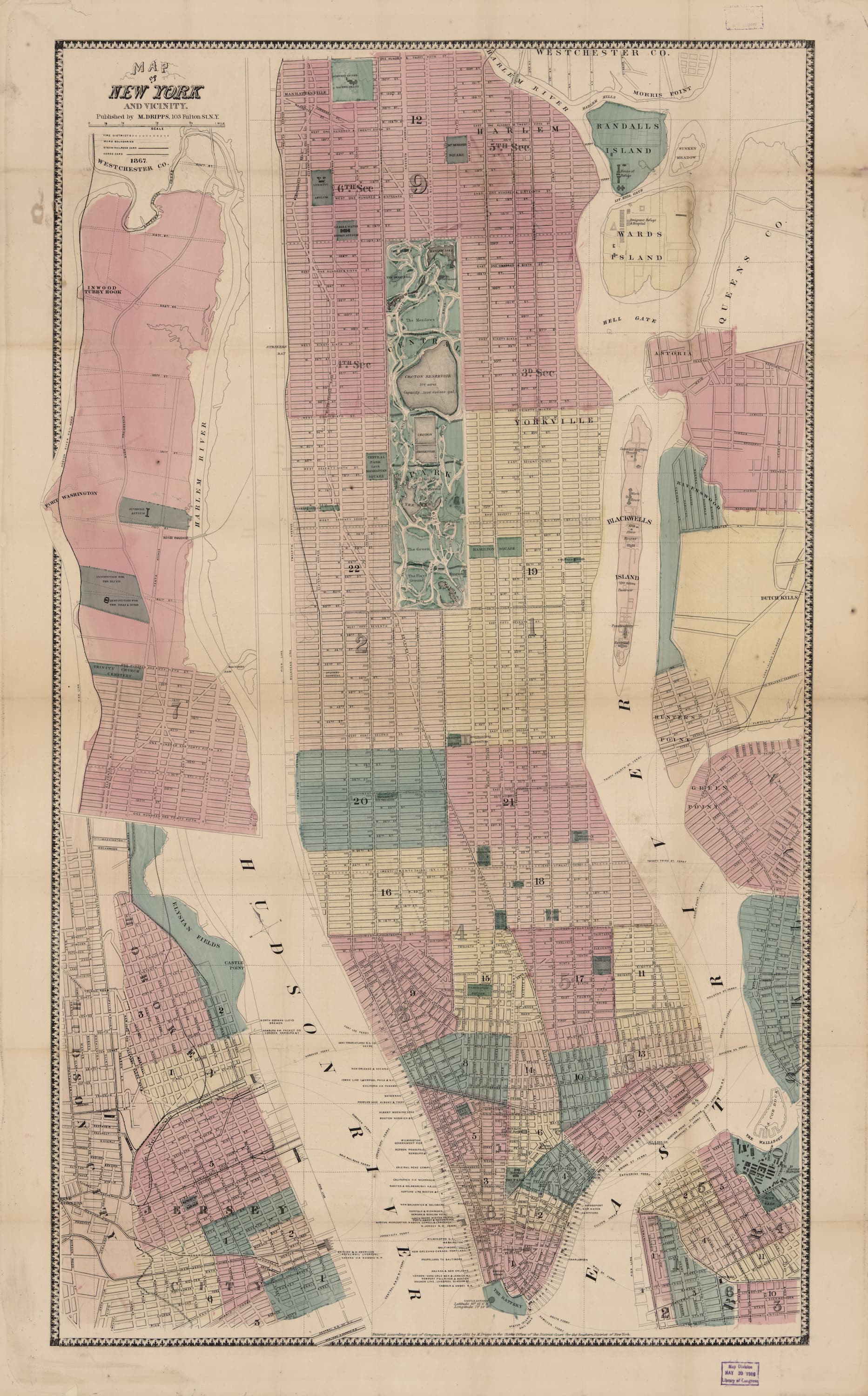 Vintage map of New York City with colored sections and grid layout
