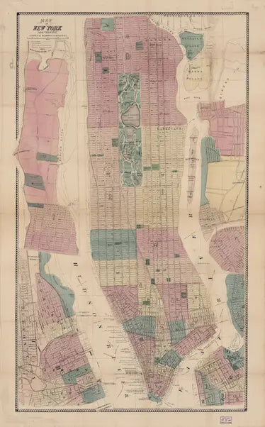 Vintage map of New York City with colored sections on a plain background