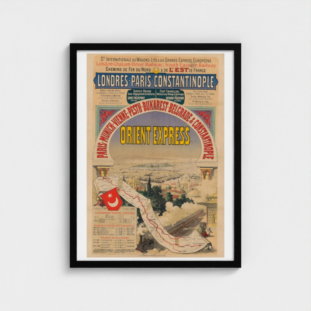 Framed vintage poster of the Orient Express on a white background