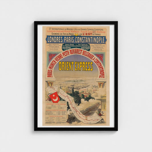 Framed vintage poster of the Orient Express on a white background