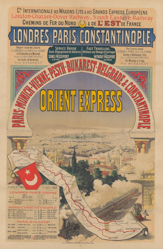 Vintage poster advertising the Orient Express train service with a map and train illustration.