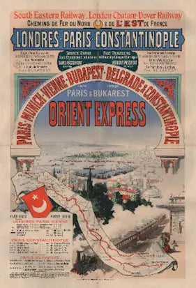 Vintage poster for the Orient Express train route, featuring a map and train cars.