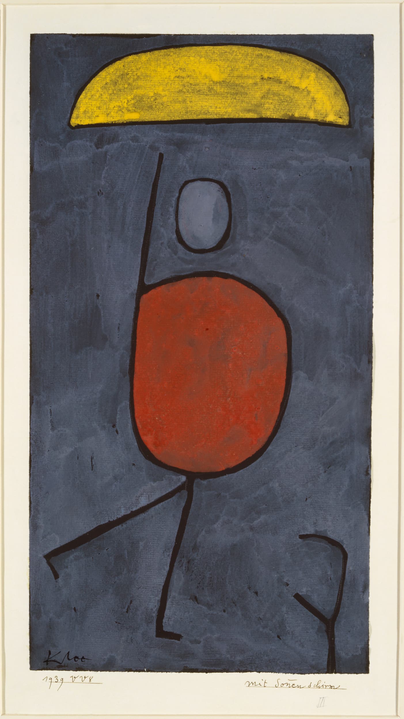 Abstract artwork with a red circle, blue oval, and yellow arc on a textured gray background.