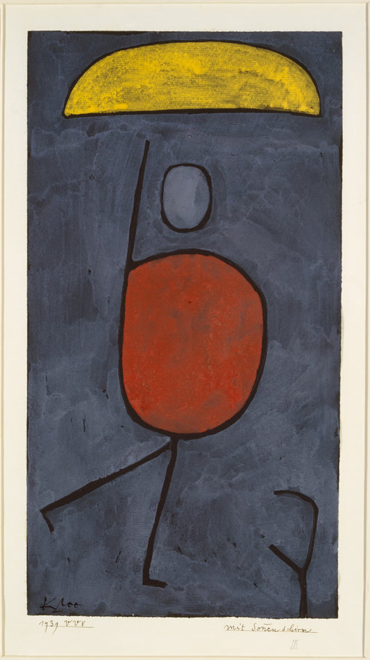 Abstract artwork with a red circle, blue oval, and yellow arc on a textured gray background.