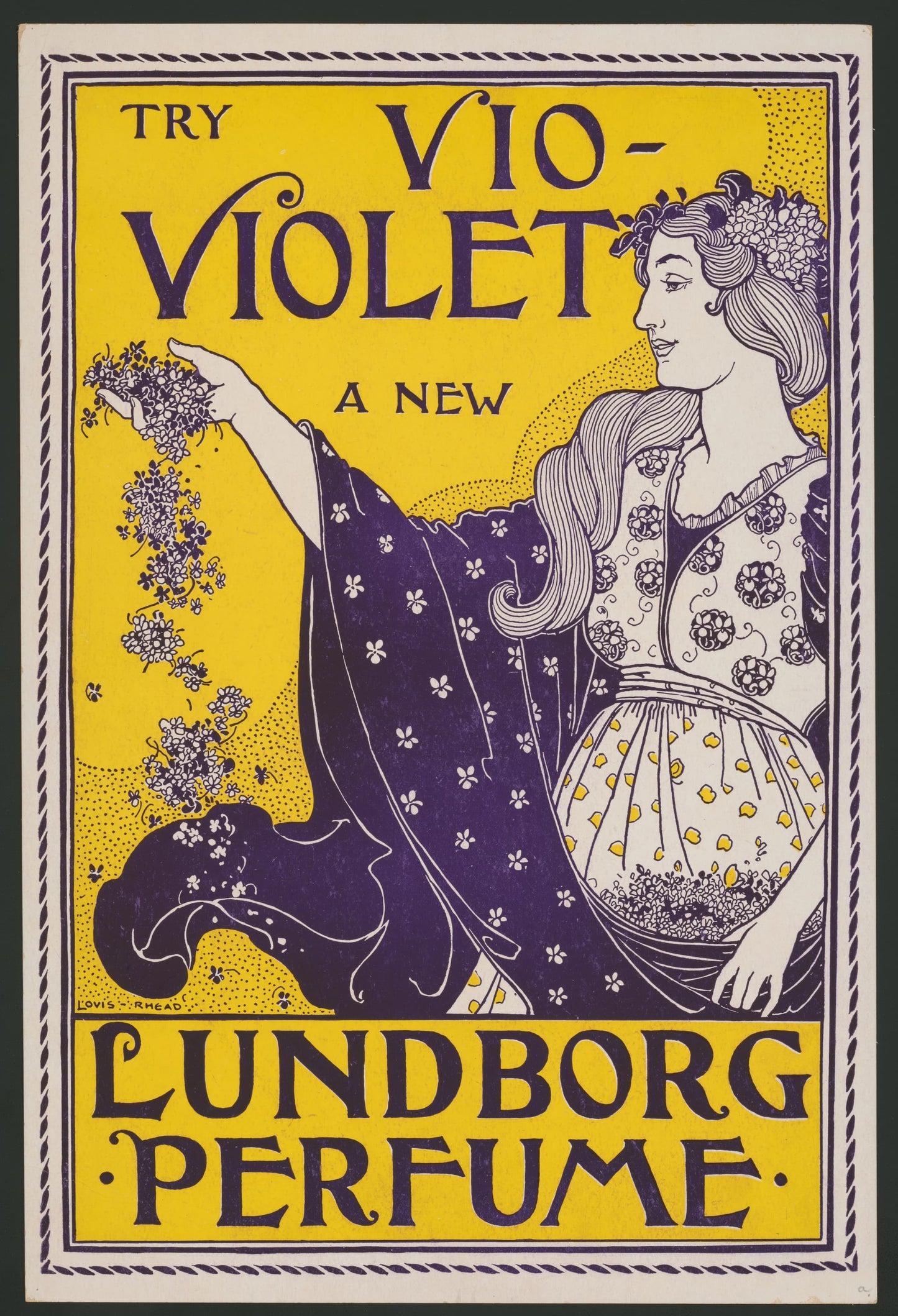 Vintage advertisement for Lundborg Perfume featuring a woman holding flowers on a yellow background