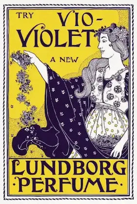 Vintage advertisement for Lundborg Perfume featuring a woman with flowers, on a yellow background.