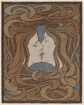 Artistic depiction of two kissing figures with flowing hair.