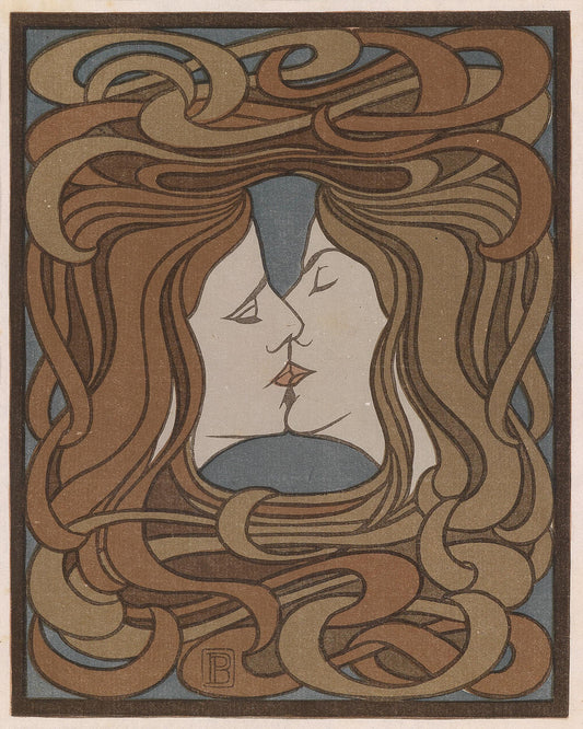 Peter Behrens "The Kiss" Art Nouveau style illustration of a woman's face framed by flowing hair
