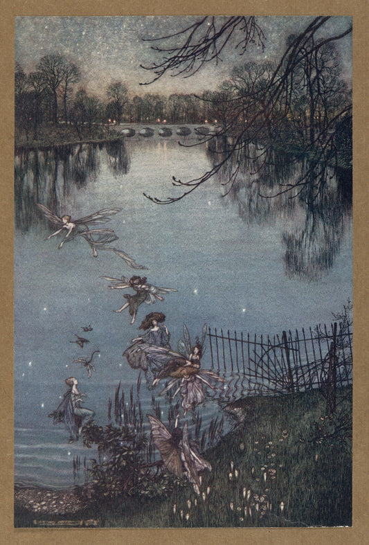 Fairy tale illustration of fairies by a lake at night