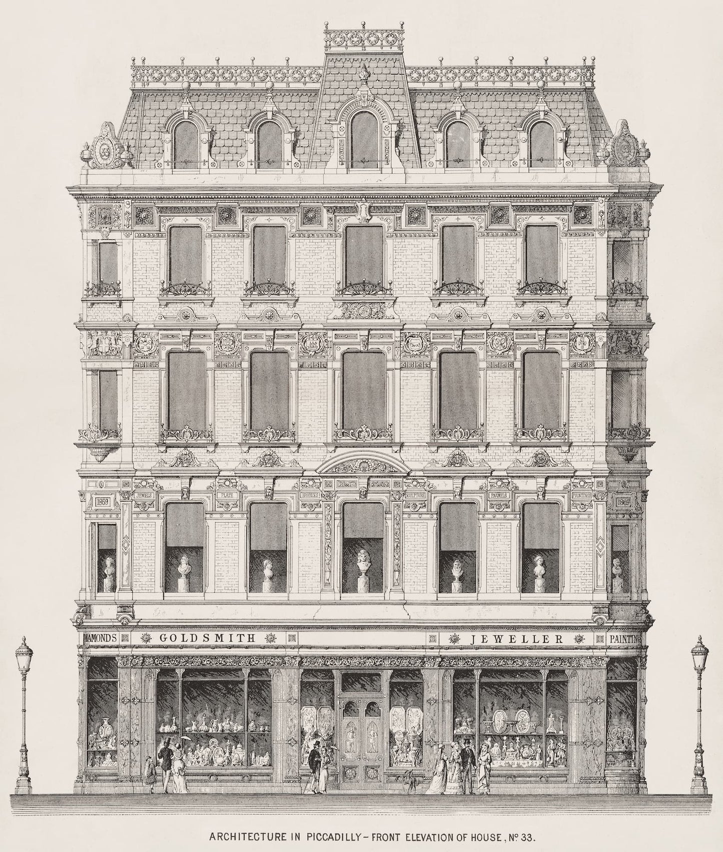 Vintage illustration of a multi-story building facade with shop windows and architectural details.