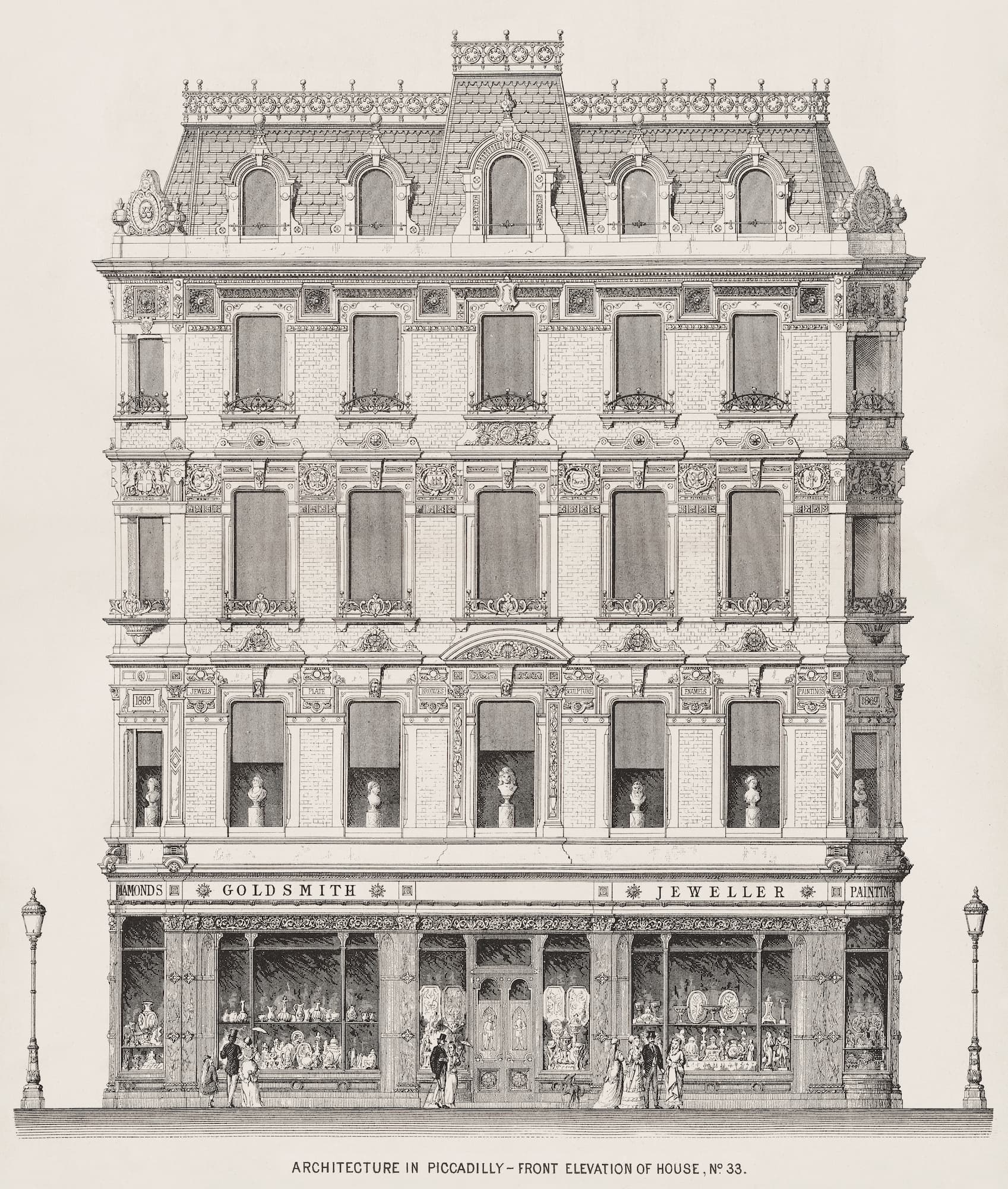 Vintage illustration of a multi-story building facade with shop windows and architectural details.